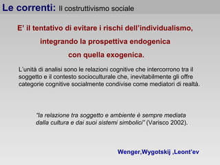 Le correnti: Il costruttivismo sociale
E’ il tentativo di evitare i rischi dell’individualismo,
integrando la prospettiva endogenica
con quella exogenica.
L’unità di analisi sono le relazioni cognitive che intercorrono tra il
soggetto e il contesto socioculturale che, inevitabilmente gli offre
categorie cognitive socialmente condivise come mediatori di realtà.
Wenger,Wygotskij ,Leont’ev
“la relazione tra soggetto e ambiente è sempre mediata
dalla cultura e dai suoi sistemi simbolici” (Varisco 2002).
 