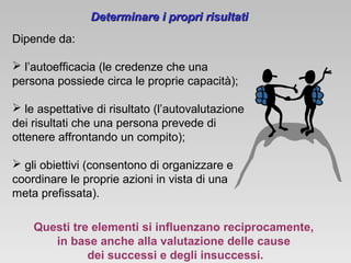 Dipende da:
 l’autoefficacia (le credenze che una
persona possiede circa le proprie capacità);
 le aspettative di risultato (l’autovalutazione
dei risultati che una persona prevede di
ottenere affrontando un compito);
 gli obiettivi (consentono di organizzare e
coordinare le proprie azioni in vista di una
meta prefissata).
Questi tre elementi si influenzano reciprocamente,
in base anche alla valutazione delle cause
dei successi e degli insuccessi.
Determinare i propri risultatiDeterminare i propri risultati
 
