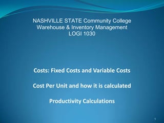 NASHVILLE STATE Community College
 Warehouse & Inventory Management
            LOGI 1030




Costs: Fixed Costs and Variable Costs

Cost Per Unit and how it is calculated

      Productivity Calculations

                                         1
 