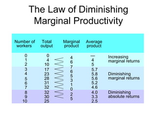 The Law of Diminishing
Marginal Productivity
Number of
workers
Total
output
Marginal
product
Average
product
Increasing
marginal returns
Diminishing
marginal returns
Diminishing
absolute returns
4
6
7
6
5
3
1
0
2
5
1
2
3
4
5
6
7
8
9
10
0
4
5
5.7
5.8
5.6
5.2
4.6
4.0
3.3
2.5

4
10
17
23
28
31
32
32
30
25
0
 