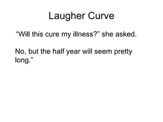 Laugher Curve
Will this cure my illness? she asked.
No, but the half year will seem pretty
long.
 