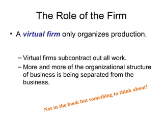 C Virtual firms subcontract out all work.
C More and more of the organizational structure
of business is being separated from the
business.
The Role of the Firm
? A virtual firm only organizes production.
Not in the book but something to think about!
 