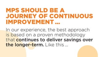 In our experience, the best approach
is based on a proven methodology
that continues to deliver savings over
the longer-term. Like this ...
MPS SHOULD BE A
JOURNEY OF CONTINUOUS
IMPROVEMENT …
 