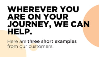 WHEREVER YOU
ARE ON YOUR
JOURNEY, WE CAN
HELP.
Here are three short examples
from our customers.
 