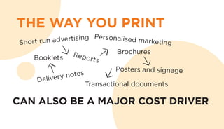 THE WAY YOU PRINT
CAN ALSO BE A MAJOR COST DRIVER
Short run advertising
Booklets
Delivery notes
Reports
Brochures
Transactional documents
Personalised marketing
Posters and signage
 