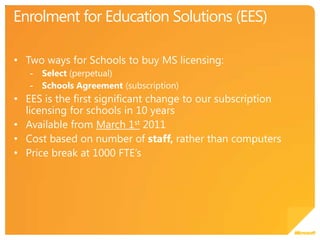 Enrolment for Education Solutions (EES)Two ways for Schools to buy MS licensing:Select (perpetual)Schools Agreement (subscription)EES is the first significant change to our subscription licensing for schools in 10 yearsAvailable from March 1st 2011Cost based on number of staff, rather than computersPrice break at 1000 FTE’s