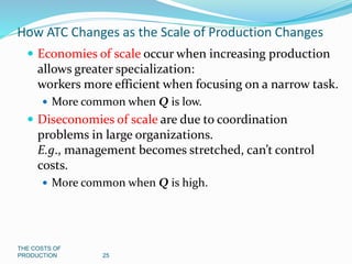 THE COSTS OF
PRODUCTION 25
How ATC Changes as the Scale of Production Changes
 Economies of scale occur when increasing production
allows greater specialization:
workers more efficient when focusing on a narrow task.
 More common when Q is low.
 Diseconomies of scale are due to coordination
problems in large organizations.
E.g., management becomes stretched, can’t control
costs.
 More common when Q is high.
 
