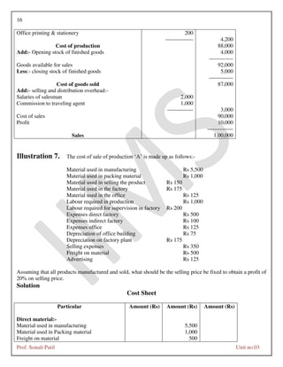 16
Prof. Sonali Patil Unit no.03
Office printing & stationery 200
--------------- 4,200
Cost of production 88,000
Add:- Opening stock of finished goods 4,000
-------------
Goods available for sales 92,000
Less:- closing stock of finished goods 5,000
-------------
Cost of goods sold 87,000
Add:- selling and distribution overhead:-
Salaries of salesman 2,000
Commission to traveling agent 1,000
-------------- 3,000
Cost of sales 90,000
Profit 10,000
--------------
Sales 1,00,000
Illustration 7. The cost of sale of production ‘A’ is made up as follows:-
Material used in manufacturing Rs 5,500
Material used in packing material Rs 1,000
Material used in selling the product Rs 150
Material used in the factory Rs 175
Material used in the office Rs 125
Labour required in production Rs 1,000
Labour required for supervision in factory Rs 200
Expenses direct factory Rs 500
Expenses indirect factory Rs 100
Expenses office Rs 125
Depreciation of office building Rs 75
Depreciation on factory plant Rs 175
Selling expenses Rs 350
Freight on material Rs 500
Advertising Rs 125
Assuming that all products manufactured and sold, what should be the selling price be fixed to obtain a profit of
20% on selling price.
Solution
Cost Sheet
Particular Amount (Rs) Amount (Rs) Amount (Rs)
Direct material:-
Material used in manufacturing 5,500
Material used in Packing material 1,000
Freight on material 500
 