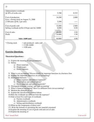 21
Prof. Sonali Patil Unit no.03
Administrative overheads
@ 20% of works cost 5,700
--------------
0.333
---------------
Cost of production 34,200 2,000
Less:- closing stock on August 31, 2008
(1100 units @ Rs 2 per unit) 2,200
-----------
-----
--------------
Cost of goods sold 32,000 2.000
Selling overheads @ Rs 0.50 per unit for 16000 8,000
-----------
0.50
-------------
Cost of sales 40,000 2.50
Profit 24,000
------------
1.50
------------
Sales (1600 unit) 64,000 4.00
* Closing stock = unit produced - units sold
= 17100-16000
= 1100 units
Exercise Questions.
Theoretical Questions:-
1) Explain the meaning of cost accountancy
2) Define
a) Direct materials
b) Direct wages
c) Direct expenses
3) What is cost accounting? Discuss briefly its important functions in a business firm
4) Explain the important objectives of cost accounting?
5) Distinguish between:-
a) Direct expenses and indirect expenses?
b) Direct labour and indirect labour?
c) Direct materials and indirect materials?
6) Distinguish between ‘costing’ and ‘cost accounting’
7) What is financial accounting? How it is different from cost-accounting?
8) Mention the elements of cost
9) Explain the classification of direct labour
10) How the overheads are different from the expenses?
11) State at least five each type of overheads
a) Factory overheads
b) Administrative overheads
c) Selling and distribution overheads
12) What are the components of direct cost?
13) Write the formula of calculating the raw material consumed
14) Explain the meaning of cost of goods sold and cost of sales
15) Explain the meaning of
 