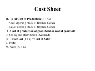 Cost Sheet
H. Total Cost of Production (F + G)
Add : Opening Stock of finished Goods
Less : Closing Stock of finished Goods
I . Cost of production of goods Sold or cost of good sold
J. Selling and Distribution Overheads
K. Total Cost (I + J) = Cost of Sales
L. Profit
M. Sales (K + L)
 