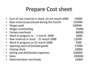 Prepare Cost sheet
• Cost of raw material in stock on isrt march 2008 15000
• Raw material purchased during the month 225000
• Wages paid 100000
• Wages outstanding 15000
• Factory overhead 46000
• Work in progress as 1 march, 2008 6000
• Raw material in stock 31 march 2008 12500
• Work in progress as 31 march 2008 7500
• Opening stock of finished goods 27500
• Closing stock 10000
• Selling and distribution expenses 220000
• Sales 450000
• Administration overheads 15000
 