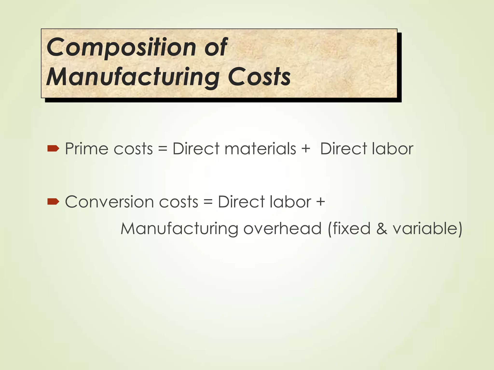 Composition of
Manufacturing Costs
 Prime costs = Direct materials + Direct labor
 Conversion costs = Direct labor +
Manufacturing overhead (fixed & variable)
 