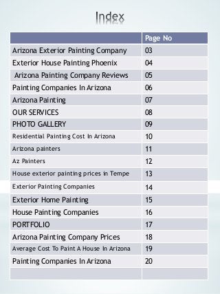 Page No
Arizona Exterior Painting Company 03
Exterior House Painting Phoenix 04
Arizona Painting Company Reviews 05
Painti...