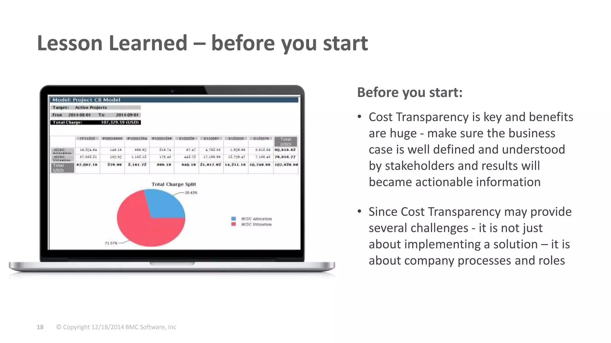 © Copyright 12/18/2014 BMC Software, Inc18
Lesson Learned – before you start
• Cost Transparency is key and benefits
are huge - make sure the business
case is well defined and understood
by stakeholders and results will
became actionable information
• Since Cost Transparency may provide
several challenges - it is not just
about implementing a solution – it is
about company processes and roles
Before you start:
 