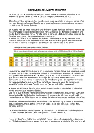 COSTUMBRES TELEVISIVAS EN ESPAÑA

En Junio de 2011 Kantar Media realizó un estudio sobre el consumo televisivo de los
jóvenes de quince países durante el periodo comprendido entre 2006 y 2011.

El análisis dividido por apartados, marcó en una tercera posición el consumo de los niños
mayores de cuatro años. Así España fue el tercer país donde más minutos se consume,
por detrás de Filipinas y Singapur.

En nuestro país los niños consumen una media de cuatro horas de televisión, frente a los
niños noruegos que dedican cerca de tres horas y media o los daneses que poseen una
media de menos de tres horas. Por otra parte la franja de edad comprendida entre los 4 y
34 años, subrayan un ascenso del consumo televisivo.
Y es que en España, el tiempo que los jóvenes urbanitas de entre 4 y 34 años pasan
viendo la televisión se ha disparado de los 156 minutos al día, que se había mantenido
más o menos estable en el periodo de 2006-2010 a 164 minutos al día en 2011.


Por otro lado, un artículo publicado en Febrero de 2011 por la empresa de marketing
“Zoomlabs”, aseguraba que más de cada diez españoles ven menos televisión y navegan
más en internet.
Según el artículo el 71,4% de los españoles reconoce haber reducido su consumo de
televisión en beneficio del uso de internet con respecto al año 2009.

Esa reducción del uso del consumo de televisión fue más fuerte entre los encuestados de
16 a 20 años de edad, aunque todos los rasgos de edad, exceptuando el de los adultos
entre los 31 y 40 años y los mayores de 50, aseguran haber disminuido su uso.

Sin embargo, basándonos de nuevo en el estudio de Kandar Media, esta considera que el
aumento de los índices de audiencia “reabren el debate sobre los hábitos de consumo en
el hogar entre los jóvenes de 4 a 34 años”, ya que “en contra posición con otros estudios
que apuntan hacía un descenso de su tiempo de exposición frente al televisor”,
demuestra que “bien motivados por el uso de otras tecnologías o bien por la convivencia
de varias pantallas” lo que se confirma es “el buen estado de salud del consumo de
televisión” dentro y fuera de España entre los jóvenes y el público en general.

Y es que en el caso de España, cada español dedica cuatro horas al día a la televisión,
media hora más que hace una década.
Eso fue lo que demostró “Barlovento comunicación”, en el análisis televisivo de 2011, con
datos hasta el 28 de Diciembre de dicho año. El consumo de televisión creció en 2011
hasta alcanzar los 239 minutos por persona y día, cinco minutos más que hace diez años.

Asimismo, el consumo individual de televisión (44% del total) sigue siendo el mayoritario,
seguido del consumo en pareja (39%) y en grupo (dos o más personas) con un 16%,
parecido a 2010.

En su análisis también señaló que La1 y Telecinco son la primera opción de las parejas
con hijos mayores y Antena3, entre las parejas con hijos medianos.


Nunca en España se había visto tanto la televisión, y es que los espectadores dedicaron
en 2011 el equivalente a dos meses de su vida a contemplar la televisión. Por otro lado, el
 