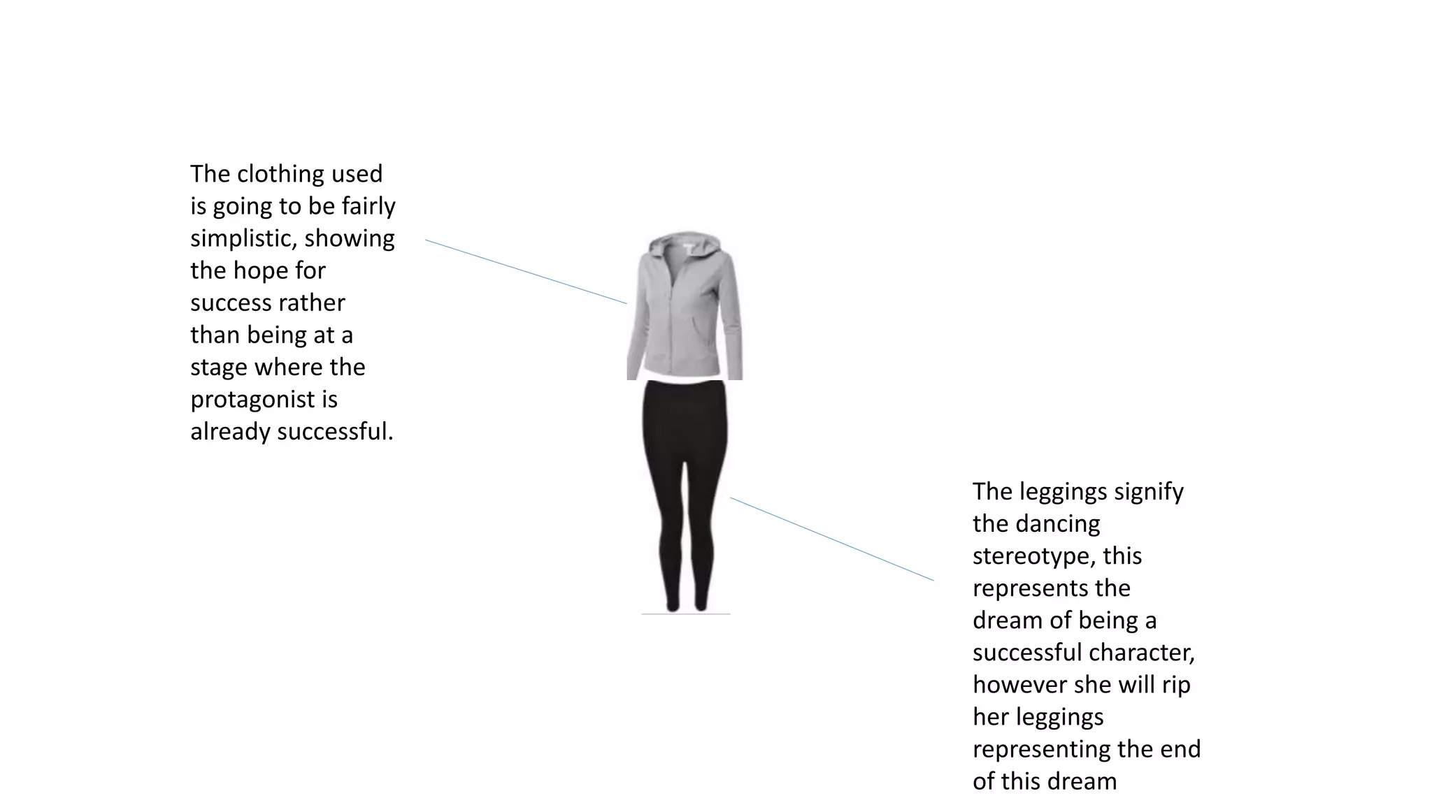 The clothing used
is going to be fairly
simplistic, showing
the hope for
success rather
than being at a
stage where the
protagonist is
already successful.
The leggings signify
the dancing
stereotype, this
represents the
dream of being a
successful character,
however she will rip
her leggings
representing the end
of this dream
 