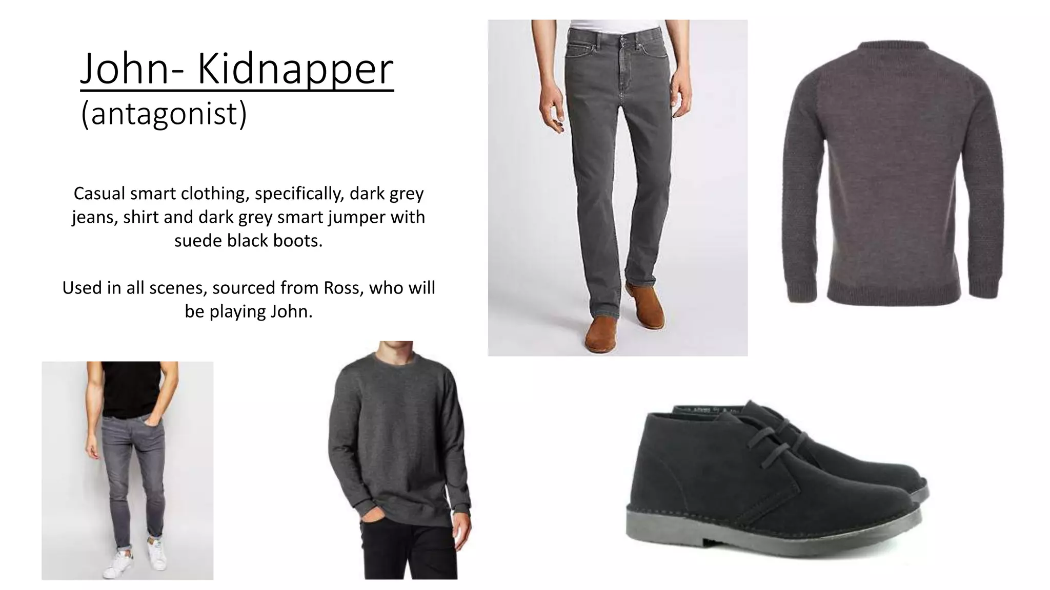 John- Kidnapper
(antagonist)
Casual smart clothing, specifically, dark grey
jeans, shirt and dark grey smart jumper with
suede black boots.
Used in all scenes, sourced from Ross, who will
be playing John.