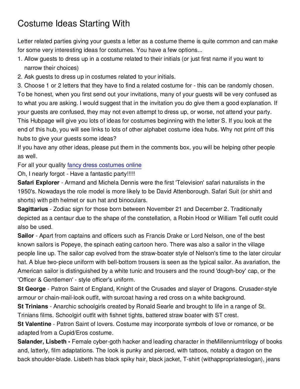 Costume Ideas Starting With S