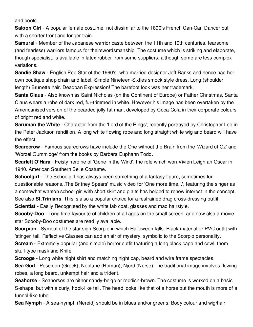 Costume Ideas Starting With S