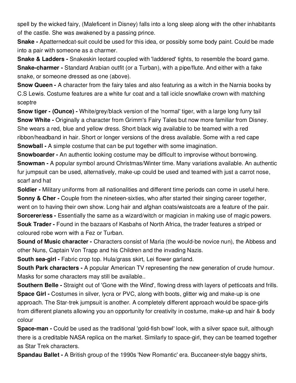 Costume Ideas Starting With S