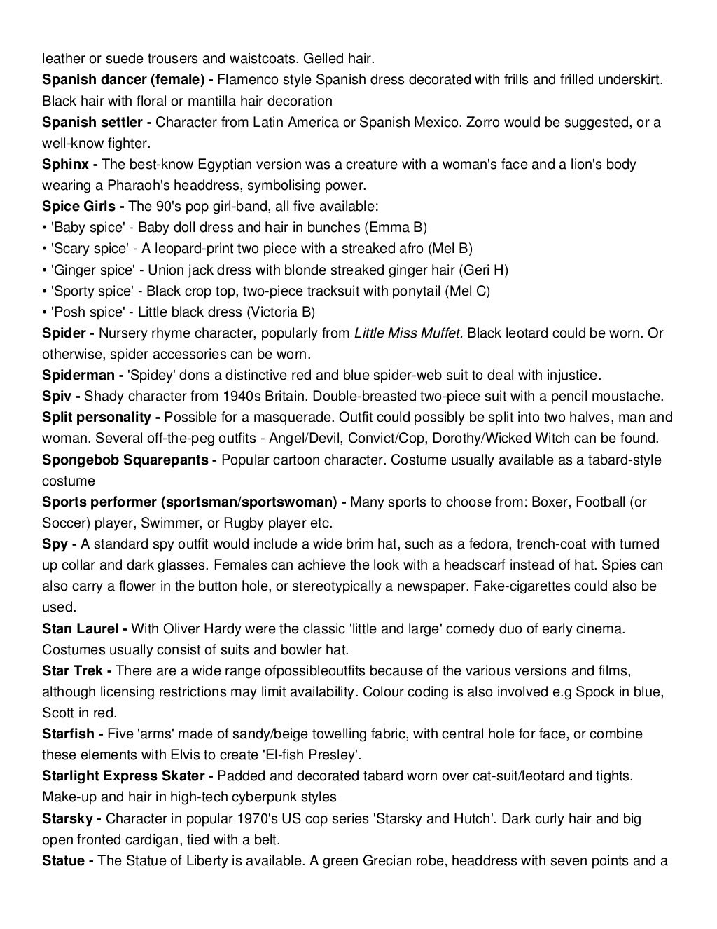 Costume Ideas Starting With S