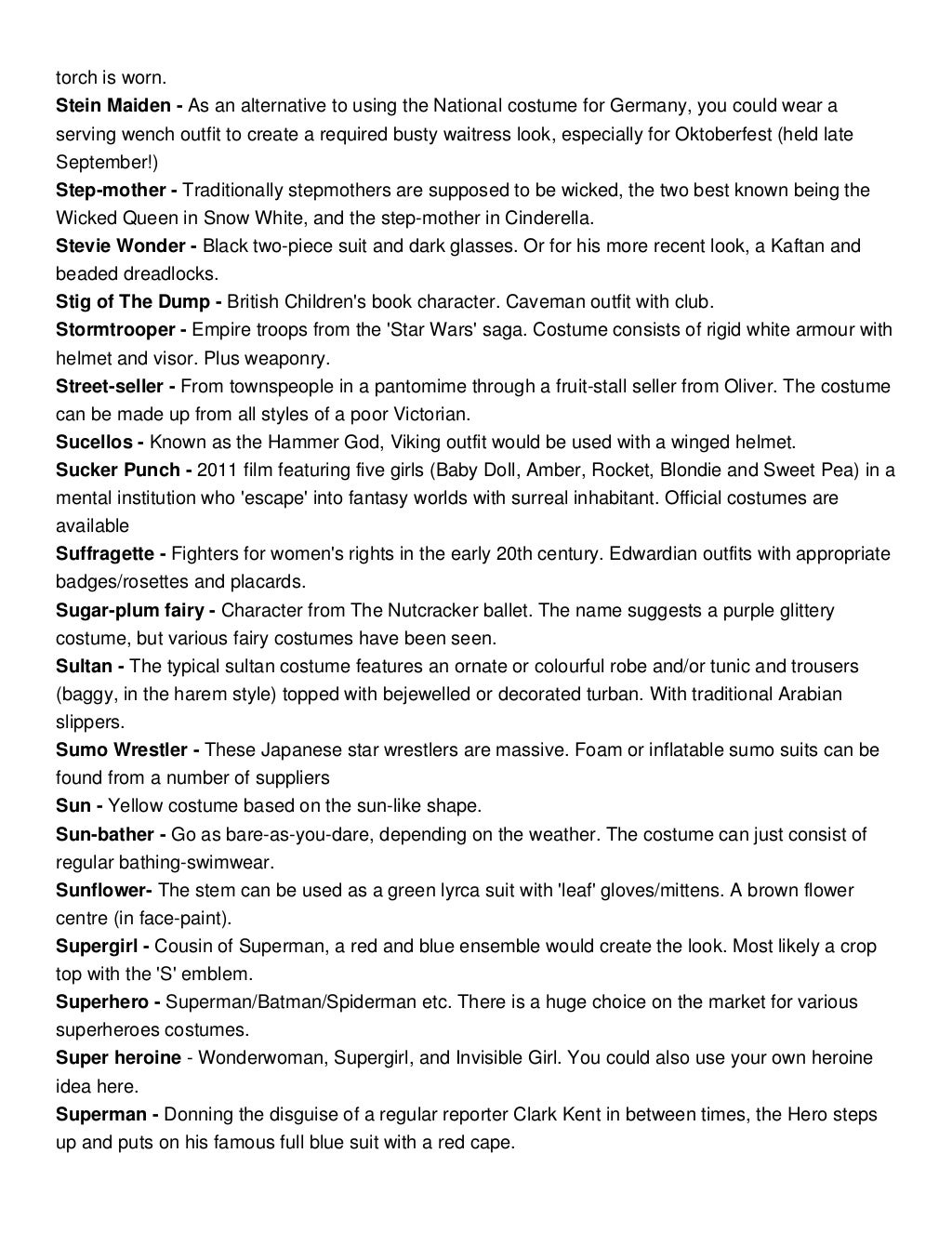 Costume Ideas Starting With S