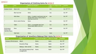 Scene Item Where we will get it Who’s in charge of this
item
Deadline
Outdoors Scene Skater skirt Home. Lisa Oct 19th Monday
* Black top/vest Home. Lisa Oct 19th
* Dolly Shoes Home – if unable in performers size we
will get them from a charity shop or
shoe zone (Limit £5)
Lisa Oct 19th
* Denim Jacket/Overlay Home. Lisa Oct 19th
* Tights Home – if unavailable then from
Tescos/Boots/M&Co Limit £3)
Lisa Oct 19th
Performance
Scene at the
Assembly Rooms
Dress Home. Katie Oct 19th
* High Heels Home. Katie Oct 19th
Organisation of Clothing items for Artist 2
Scene Item Where we will get it Who’s In charge Deadline
Outdoors/Performance Watch Home. Katie Oct 19th
* Bracelets/Rings Home. Katie Oct 19th
* Makeup + Nail varnish Home. Katie Oct 19th
* Hair Styling products/Hair
straighteners
Home. Katie Oct 19th
Organisation of Jewellery/Makeup/Hair items for Artist 2
Artist 2
 