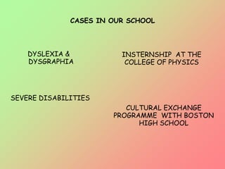 CASES IN OUR SCHOOL
DYSLEXIA &
DYSGRAPHIA
SEVERE DISABILITIES
INSTERNSHIP AT THE
COLLEGE OF PHYSICS
CULTURAL EXCHANGE
PROGRAMME WITH BOSTON
HIGH SCHOOL
 
