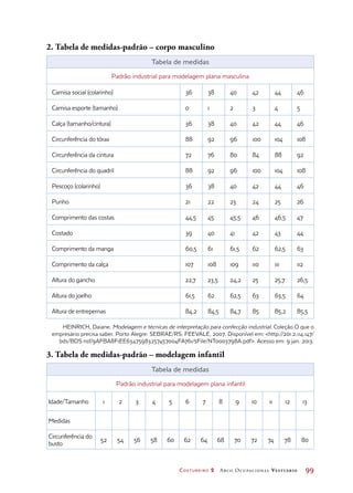 Costureiro 2 Arco Ocupacional Vestuário	 99
2. Tabela de medidas-padrão – corpo masculino
Tabela de medidas
Padrão industrial para modelagem plana masculina
Camisa social (colarinho) 36 38 40 42 44 46
Camisa esporte (tamanho) 0 1 2 3 4 5
Calça (tamanho/cintura) 36 38 40 42 44 46
Circunferência do tórax 88 92 96 100 104 108
Circunferência da cintura 72 76 80 84 88 92
Circunferência do quadril 88 92 96 100 104 108
Pescoço (colarinho) 36 38 40 42 44 46
Punho 21 22 23 24 25 26
Comprimento das costas 44,5 45 45,5 46 46,5 47
Costado 39 40 41 42 43 44
Comprimento da manga 60,5 61 61,5 62 62,5 63
Comprimento da calça 107 108 109 110 111 112
Altura do gancho 22,7 23,5 24,2 25 25,7 26,5
Altura do joelho 61,5 62 62,5 63 63,5 64
Altura de entrepernas 84,2 84,5 84,7 85 85,2 85,5
HEINRICH, Daiane. Modelagem e técnicas de interpretação para confecção industrial. Coleção O que o
empresário precisa saber. Porto Alegre: SEBRAE/RS: FEEVALE, 2007. Disponível em: http://201.2.114.147/
bds/BDS.nsf/9AFBA8F1EE63475983257457004FA761/$File/NT0003798A.pdf. Acesso em: 9 jan. 2013.
3. Tabela de medidas-padrão – modelagem infantil
Tabela de medidas
 Padrão industrial para modelagem plana infantil 
Idade/Tamanho 1 2 3 4 5 6 7 8 9 10 11 12 13
Medidas                          
Circunferência do
busto
52 54 56 58 60 62 64 68 70 72 74 78 80
 