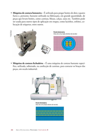 22	 Arco Ocupacional Vestuário Costureiro 2
Ponto fechadeira
Visto de cima (lado direito do tecido)
•	 Máquina de costura botoneira – É utilizada para pregar botões de dois e quatro
furos e, portanto, bastante utilizada na fabricação, em grande quantidade, de
peças que levam botões, como camisas, blusas, calças, saias etc. Também pode
ser usada para outros tipos de aplicação em roupas, como lacinhos, enfeites, co-
locação de etiquetas, entre outros.
•	 Máquina de costura fechadeira – É uma máquina de costura bastante especí-
fica, utilizada, sobretudo, na confecção de camisas, para costurar os braços das
peças, em escala industrial.
Ponto botoneira
Visto de cima (lado direito do tecido)
©AndradeMáquinas
©HudsonCalasans
©AndradeMáquinas
©HudsonCalasans
Ponto fechadeira
Visto de cima (lado direito do tecido)
 