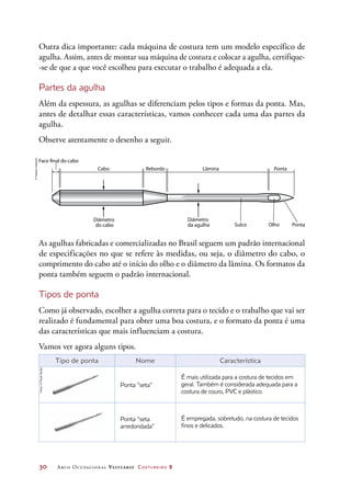 30	 Arco Ocupacional Vestuário Costureiro 2
OlhoSulco Ponta
Diâmetro
da agulha
Diâmetro
do cabo
Cabo
Face final do cabo
Rebordo Lâmina Ponta
Outra dica importante: cada máquina de costura tem um modelo específico de
agulha. Assim, antes de montar sua máquina de costura e colocar a agulha, certifique-
-se de que a que você escolheu para executar o trabalho é adequada a ela.
Partes da agulha
Além da espessura, as agulhas se diferenciam pelos tipos e formas da ponta. Mas,
antes de detalhar essas características, vamos conhecer cada uma das partes da
agulha.
Observe atentamente o desenho a seguir.
As agulhas fabricadas e comercializadas no Brasil seguem um padrão internacional
de especificações no que se refere às medidas, ou seja, o diâmetro do cabo, o
comprimento do cabo até o início do olho e o diâmetro da lâmina. Os formatos da
ponta também seguem o padrão internacional.
Tipos de ponta
Como já observado, escolher a agulha correta para o tecido e o trabalho que vai ser
realizado é fundamental para obter uma boa costura, e o formato da ponta é uma
das características que mais influenciam a costura.
Vamos ver agora alguns tipos.
Tipo de ponta Nome Característica
Ponta “seta”
É mais utilizada para a costura de tecidos em
geral. Também é considerada adequada para a
costura de couro, PVC e plástico.
Ponta “seta
arredondada”
É empregada, sobretudo, na costura de tecidos
finos e delicados.
©HudsonCalasans
Fotos:©PauloSavala
 