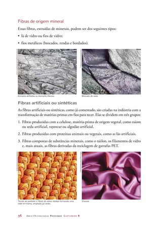 36	 Arco Ocupacional Vestuário Costureiro 2
Fibras de origem mineral
Essas fibras, extraídas de minerais, podem ser dos seguintes tipos:
•	 lã de vidro ou fios de vidro;
•	 fios metálicos (brocados, rendas e bordados).
Tecido de poliéster e fibras de náilon atadas formando uma
rede em trama, ampliada 40 vezes.
Viscose.
Amianto anfibólio ou tremolito fibroso. Brocado de seda.
Fibras artificiais ou sintéticas
As fibras artificiais ou sintéticas, como já comentado, são criadas na indústria com a
transformação de matérias-primas em fios para tecer. Elas se dividem em três grupos:
1.	 Fibras produzidas com a celulose, matéria-prima de origem vegetal, como raiom
ou seda artificial, rayoncut ou algodão artificial.
2.	Fibras produzidas com proteínas animais ou vegetais, como as lãs artificiais.
3.	Fibras compostas de substâncias minerais, como o náilon, os filamentos de vidro
e, mais atuais, as fibras derivadas da reciclagem de garrafas PET.
©KenLucas/VisualsUnlimited/Corbis/Latinstock
©MassimoListri/Corbis/Latinstock
©MicroDiscovery/Corbis/Latinstock
©DinodiaPhotos/Alamy/OtherImages
 