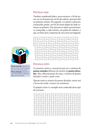 42	 Arco Ocupacional Vestuário Costureiro 2
Estrutura sarja
Também considerada básica, nessa estrutura, o fio da tra-
ma, em vez de passar por um fio do urdume, passa por dois
na primeira carreira. Na segunda, vai repetir o processo,
começando, porém, um fio da trama depois de onde co-
meçou na primeira. Esse processo se repete sucessivamen-
te, avançando, a cada carreira, um ponto do urdume, o
que, ao final, dará a impressão de uma estria em diagonal.
Estrutura cetim
A estrutura cetim se caracteriza por ter o número de
pontos tomados diferente do número de pontos deixa-
dos. Mas, diferentemente da sarja, o número de pontos
deixados é maior e pode variar.
Quanto maior o número de pontos deixados, maior será
a leveza do tecido e menor sua resistência.
O próprio cetim é o exemplo mais conhecido desse tipo
de estrutura.
Ponto tomado: Aquele em
que o fio do urdume passa
por cima do fio da trama.
Ponto deixado: Aquele em
que o fio do urdume passa por
baixo do fio da trama.
Ilustrações:©HudsonCalasans
 