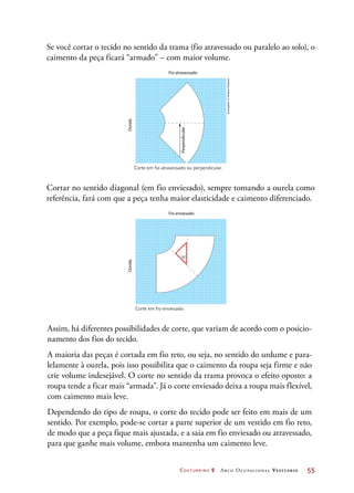 Costureiro 2 Arco Ocupacional Vestuário	 55
Se você cortar o tecido no sentido da trama (fio atravessado ou paralelo ao solo), o
caimento da peça ficará “armado” – com maior volume.
Ourela
Fio atravessado
Perpendicular
Ourela
Fio enviesado
450
Corte em fio atravessado ou perpendicular.
Corte em fio enviesado.
Cortar no sentido diagonal (em fio enviesado), sempre tomando a ourela como
referência, fará com que a peça tenha maior elasticidade e caimento diferenciado.
Assim, há diferentes possibilidades de corte, que variam de acordo com o posicio-
namento dos fios do tecido.
A maioria das peças é cortada em fio reto, ou seja, no sentido do urdume e para-
lelamente à ourela, pois isso possibilita que o caimento da roupa seja firme e não
crie volume indesejável. O corte no sentido da trama provoca o efeito oposto: a
roupa tende a ficar mais “armada”. Já o corte enviesado deixa a roupa mais flexível,
com caimento mais leve.
Dependendo do tipo de roupa, o corte do tecido pode ser feito em mais de um
sentido. Por exemplo, pode-se cortar a parte superior de um vestido em fio reto,
de modo que a peça fique mais ajustada, e a saia em fio enviesado ou atravessado,
para que ganhe mais volume, embora mantenha um caimento leve.
Ilustrações:©HudsonCalasans
 