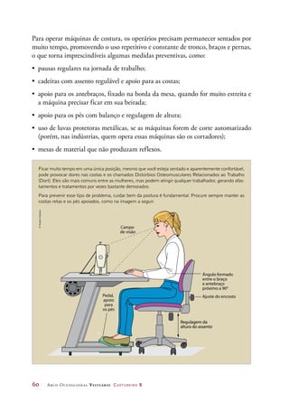 60	 Arco Ocupacional Vestuário Costureiro 2
Para operar máquinas de costura, os operários precisam permanecer sentados por
muito tempo, promovendo o uso repetitivo e constante de tronco, braços e pernas,
o que torna imprescindíveis algumas medidas preventivas, como:
•	 pausas regulares na jornada de trabalho;
•	 cadeiras com assento regulável e apoio para as costas;
•	 apoio para os antebraços, fixado na borda da mesa, quando for muito estreita e
a máquina precisar ficar em sua beirada;
•	 apoio para os pés com balanço e regulagem de altura;
•	 uso de luvas protetoras metálicas, se as máquinas forem de corte automatizado
(porém, nas indústrias, quem opera essas máquinas são os cortadores);
•	 mesas de material que não produzam reflexos.
Ficar muito tempo em uma única posição, mesmo que você esteja sentado e aparentemente confortável,
pode provocar dores nas costas e os chamados Distúrbios Osteomusculares Relacionados ao Trabalho
(Dort). Eles são mais comuns entre as mulheres, mas podem atingir qualquer trabalhador, gerando afas-
tamentos e tratamentos por vezes bastante demorados.
Para prevenir esse tipo de problema, cuidar bem da postura é fundamental. Procure sempre manter as
costas retas e os pés apoiados, como na imagem a seguir.
Regulagem da
altura do assento
Ângulo formado
entre o braço
e antebraço
próximo a 900
Regulagem da
altura do assento
Ajuste do encosto
Campo
de visão
Pedal,
apoio
para
os pés
©HudsonCalasans
 