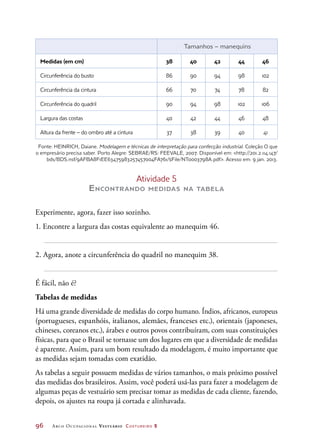 96	 Arco Ocupacional Vestuário Costureiro 2
Tamanhos – manequins
Medidas (em cm) 38 40 42 44 46
Circunferência do busto 86 90 94 98 102
Circunferência da cintura 66 70 74 78 82
Circunferência do quadril 90 94 98 102 106
Largura das costas 40 42 44 46 48
Altura da frente – do ombro até a cintura 37 38 39 40 41
Fonte: HEINRICH, Daiane. Modelagem e técnicas de interpretação para confecção industrial. Coleção O que
o empresário precisa saber. Porto Alegre: SEBRAE/RS: FEEVALE, 2007. Disponível em: http://201.2.114.147/
bds/BDS.nsf/9AFBA8F1EE63475983257457004FA761/$File/NT0003798A.pdf. Acesso em: 9 jan. 2013.
Atividade 5
Encontrando medidas na tabela
Experimente, agora, fazer isso sozinho.
1. Encontre a largura das costas equivalente ao manequim 46.
2. Agora, anote a circunferência do quadril no manequim 38.
É fácil, não é?
Tabelas de medidas
Há uma grande diversidade de medidas do corpo humano. Índios, africanos, europeus
(portugueses, espanhóis, italianos, alemães, franceses etc.), orientais (japoneses,
chineses, coreanos etc.), árabes e outros povos contribuíram, com suas constituições
físicas, para que o Brasil se tornasse um dos lugares em que a diversidade de medidas
é aparente. Assim, para um bom resultado da modelagem, é muito importante que
as medidas sejam tomadas com exatidão.
As tabelas a seguir possuem medidas de vários tamanhos, o mais próximo possível
das medidas dos brasileiros. Assim, você poderá usá-las para fazer a modelagem de
algumas peças de vestuário sem precisar tomar as medidas de cada cliente, fazendo,
depois, os ajustes na roupa já cortada e alinhavada.
 