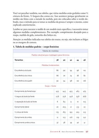 Costureiro 2 Arco Ocupacional Vestuário	 97
Você vai perceber também, nas tabelas, que várias medidas estão grafadas como ½
cintura da frente, ½ largura das costas etc. Isso acontece porque geralmente os
moldes são feitos com a metade da medida, pois são colocados sobre o tecido do-
brado, mas o método para se tomar as medidas da pessoa é sempre o mesmo, como
explicado anteriormente.
Lembre-se: para executar o molde de um modelo mais específico, é necessário tomar
algumas medidas complementares. Por exemplo: comprimento desejado para a
roupa, medida da gola, tamanho dos bolsos etc.
Atenção: as medidas indicadas nas tabelas são exatas, ou seja, não incluem as folgas
ou as margens de costura.
1. Tabela de medidas-padrão – corpo feminino
Tabela de medidas
Padrão industrial para modelagem plana feminina
Tamanhos 38 40 42 44 46
Medidas fundamentais
Circunferência do busto 86 90 94 98 102
Circunferência da cintura 66 70 74 78 82
Circunferência do quadril 90 94 98 102 106
Corpo – frente
Comprimento da frente/corpo 43,5 44,5 45,5 46,5 47,5
½ largura do busto da frente 22,8 23,8 24,8 25,8 26,8
½ separação do busto da frente 8 8,5 9 10 10,5
Comprimento lateral 20 20,5 21 21,5 22
½ cintura da frente 17,5 18,5 19,5 20,5 21,5
Comprimento do ombro 12 12,3 12,6 12,9 13,2
Comprimento ombro-cintura 37 38 39 40 41
 