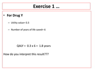 Exercise 1 …
• For Drug Y
– Utility value= 0.3
– Number of years of life saved= 6
QALY = 0.3 x 6 = 1.8 years
How do you interpret this result???
 
