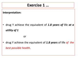 Exercise 1 …
Interpretation:
• drug Y achieve the equivalent of 1.8 years of life at a
utility of 1
or
• drug Y achieve the equivalent of 1.8 years of life of the
best possible health.
 