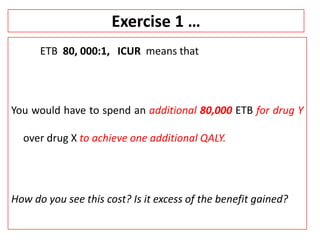 Exercise 1 …
ETB 80, 000:1, ICUR means that
You would have to spend an additional 80,000 ETB for drug Y
over drug X to achieve one additional QALY.
How do you see this cost? Is it excess of the benefit gained?
 