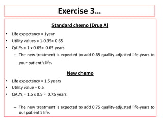 Exercise 3…
Standard chemo (Drug A)
• Life expectancy = 1year
• Utility values = 1-0.35= 0.65
• QALYs = 1 x 0.65= 0.65 years
– The new treatment is expected to add 0.65 quality-adjusted life-years to
your patient’s life.
New chemo
• Life expectancy = 1.5 years
• Utility value = 0.5
• QALYs = 1.5 x 0.5 = 0.75 years
– The new treatment is expected to add 0.75 quality-adjusted life-years to
our patient’s life.
 