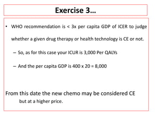 Exercise 3…
• WHO recommendation is < 3x per capita GDP of ICER to judge
whether a given drug therapy or health technology is CE or not.
– So, as for this case your ICUR is 3,000 Per QALYs
– And the per capita GDP is 400 x 20 = 8,000
From this date the new chemo may be considered CE
but at a higher price.
 