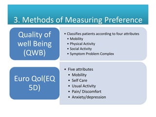 3. Methods of Measuring Preference
• Classifies patients according to four attributes
• Mobility
• Physical Activity
• Social Activity
• Symptom Problem Complex
Quality of
well Being
(QWB)
• Five attributes
• Mobility
• Self Care
• Usual Activity
• Pain/ Discomfort
• Anxiety/depression
Euro Qol(EQ
5D)
 
