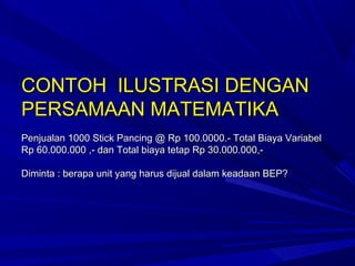 CONTOH ILUSTRASI DENGANCONTOH ILUSTRASI DENGAN
PERSAMAAN MATEMATIKAPERSAMAAN MATEMATIKA
Penjualan 1000 Stick Pancing @ Rp 100.0000.- Total Biaya VariabelPenjualan 1000 Stick Pancing @ Rp 100.0000.- Total Biaya Variabel
Rp 60.000.000 ,- dan Total biaya tetap Rp 30.000.000,-Rp 60.000.000 ,- dan Total biaya tetap Rp 30.000.000,-
Diminta : berapa unit yang harus dijual dalam keadaan BEP?Diminta : berapa unit yang harus dijual dalam keadaan BEP?
 