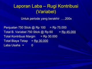 Laporan Laba – Rugi KontribusiLaporan Laba – Rugi Kontribusi
(Variabel)(Variabel)
Untuk periode yang berakhir ….200xUntuk periode yang berakhir ….200x
Penjualan 750 Stick @ Rp 100Penjualan 750 Stick @ Rp 100 = Rp 75.000= Rp 75.000
Total B. Variabel 750 Stick @ Rp 60Total B. Variabel 750 Stick @ Rp 60 == Rp 45.000Rp 45.000
Total Kontribusi MarginTotal Kontribusi Margin = Rp 30.000= Rp 30.000
Total Biaya TetapTotal Biaya Tetap == Rp 30.000Rp 30.000
Laba UsahaLaba Usaha == 00
 