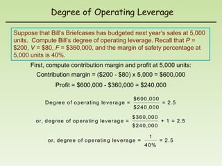Degree of Operating Leverage

Suppose that Bill’s Briefcases has budgeted next year’s sales at 5,000
units. Compute Bill’s degree of operating leverage. Recall that P =
$200, V = $80, F = $360,000, and the margin of safety percentage at
5,000 units is 40%.
      First, compute contribution margin and profit at 5,000 units:
        Contribution margin = ($200 - $80) x 5,000 = $600,000
                  Profit = $600,000 - $360,000 = $240,000

                                                             $ 6 0 0 ,0 0 0
            D e g re e o f o p e ra tin g le v e ra g e =                      = 2 .5
                                                             $ 2 4 0 ,0 0 0
                                                             $ 3 6 0 ,0 0 0
        o r, d e g re e o f o p e ra tin g le v e ra g e =                    + 1 = 2 .5
                                                             $ 2 4 0 ,0 0 0

                                                                      1
              o r, d e g re e o f o p e ra tin g le v e ra g e =              = 2.5
                                                                   40%
 