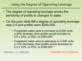 Using the Degree of Operating Leverage

• The degree of operating leverage shows the
  sensitivity of profits to changes in sales.
• On the prior slide Bill’s degree of operating leverage
  was 2.5 and profits were $240,000.
        • If expected sales were to increase to 6,000 units,
          a 20% increase, then profits would increase by
          2.5 x 20%, or 50%, to $360,000.*
        • If expected sales were to decrease to 4,500 units,
          a 10% decrease, then profits would decrease by
          2.5 x 10%, or 25%, to $180,000.**
* $240,000 x 1.5 = $360,000             ** $240,000 x 0.75 = $180,000
 