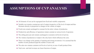 ASSUMPTIONS OF CVPANALYSIS
 All elements of cost can be segregated into fixed and variable components.
 Variable cost remains constant per unit of output irrespective of the level of output and thus
fluctuates directly in proportion to changes in the volume of output.
 Fixed costs remain unchanged or constant for the entire volume of production.
 Productivity and efficiency of operations remain constant at various levels of operation.
 The selling price per unit remains unchanged or constant at all levels of activity.
 The volume of production or output is the only factor which influences the costs.
 There is no change in the quantity of opening and closing inventories. It is assumed that the
number of units produced equal the number of units sold.
 The sales mix remains constant at all levels of activity in case of multi product firms.
 Total costs and total revenues are linear functions of output.
 