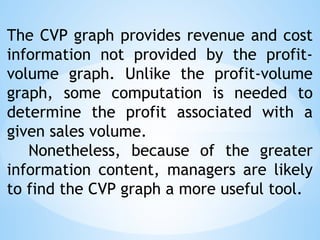 The CVP graph provides revenue and cost
information not provided by the profit-
volume graph. Unlike the profit-volume
graph, some computation is needed to
determine the profit associated with a
given sales volume.
Nonetheless, because of the greater
information content, managers are likely
to find the CVP graph a more useful tool.
 