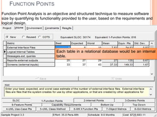 FUNCTION POINTS
Function Point Analysis is an objective and structured technique to measure software
size by quantifying its functionality provided to the user, based on the requirements and
logical design.

Each table in a relational database would be an internal
table.

 